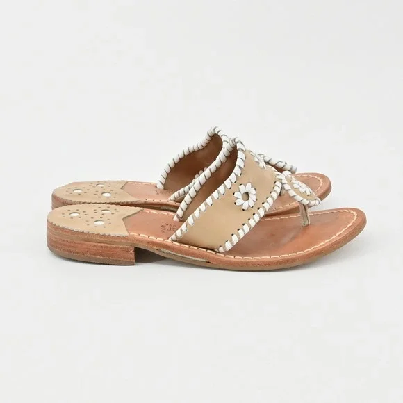 Jack Rogers Georgica Thong Sandals Womens Size 6 Tan White Leather Whipstitch - Picture 5 of 8